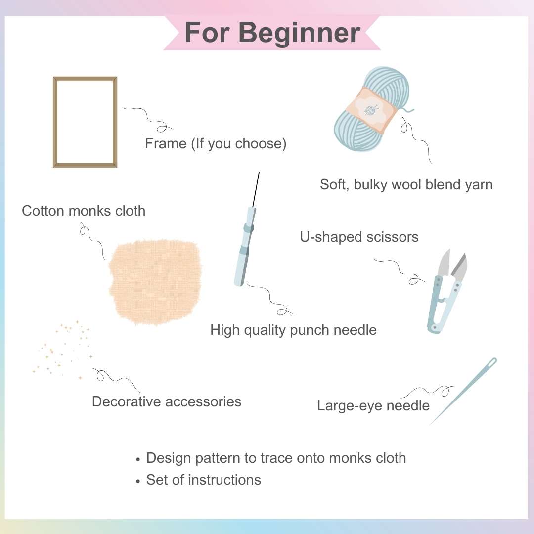 Visual guide for Puddingcase punch needle kit for beginners, showcasing included items: frame, wool yarn, cotton monks cloth, punch needle, scissors, needle, and decorative accessories.