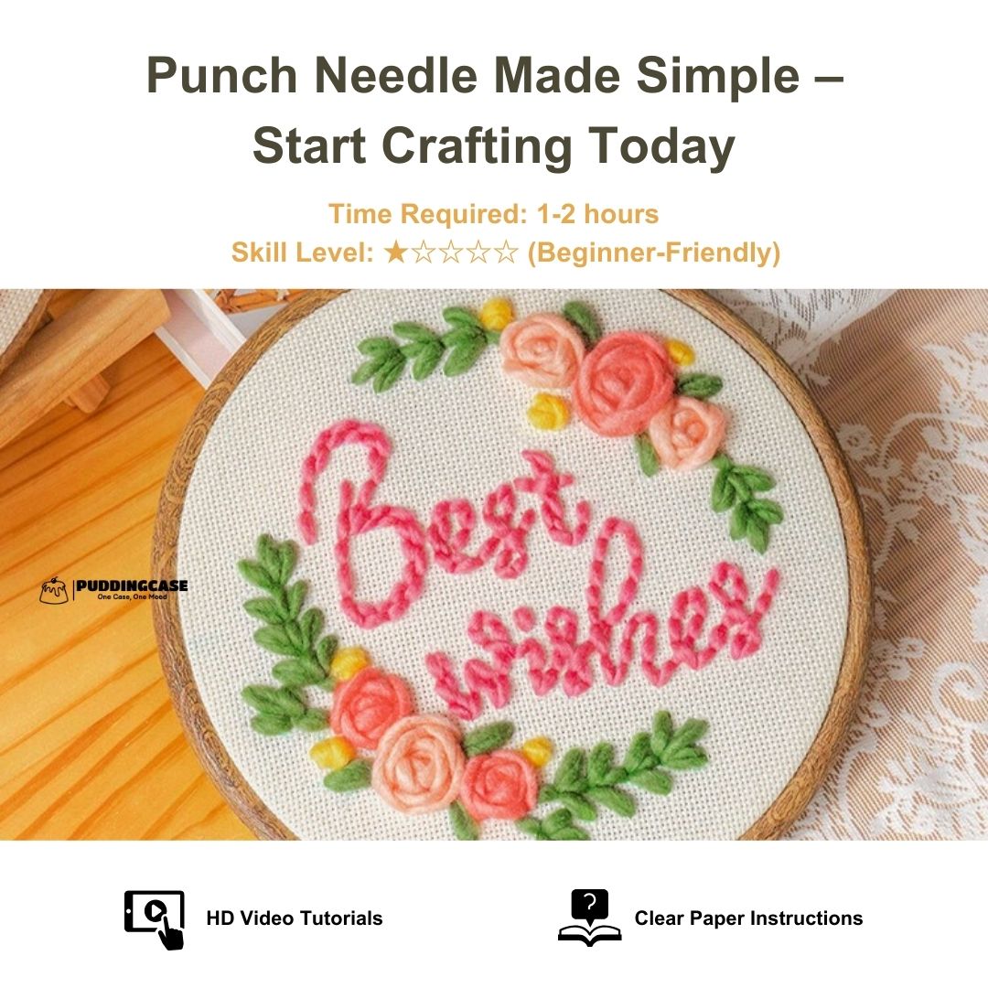 Puddingcase punch needle kit with “Best Wishes” floral embroidery design, perfect for DIY crafts, handmade decor, and beginners.