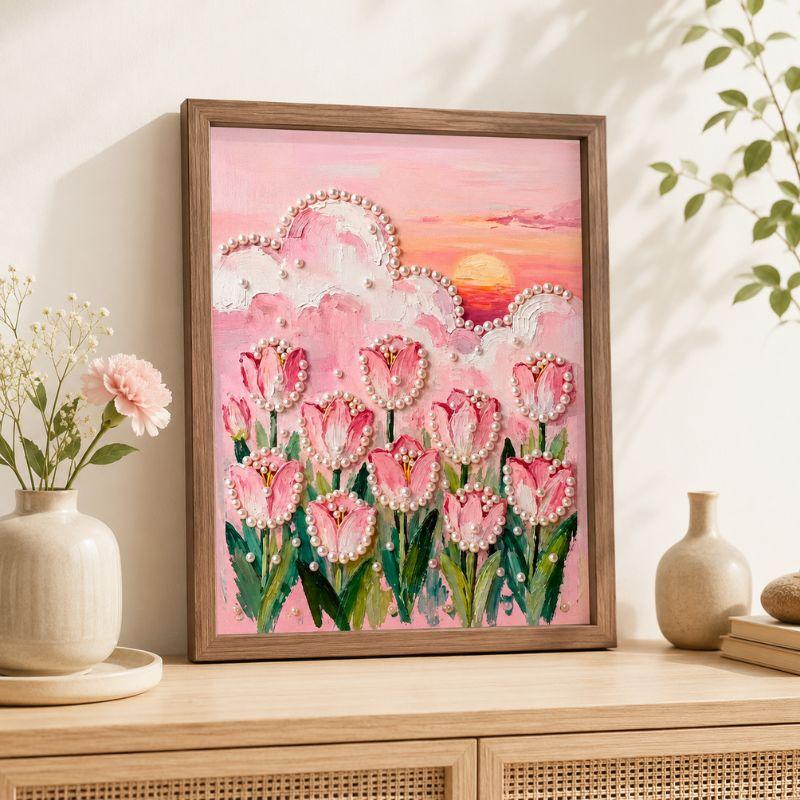 Finished pink tulip pearl painting with rounded pearl details