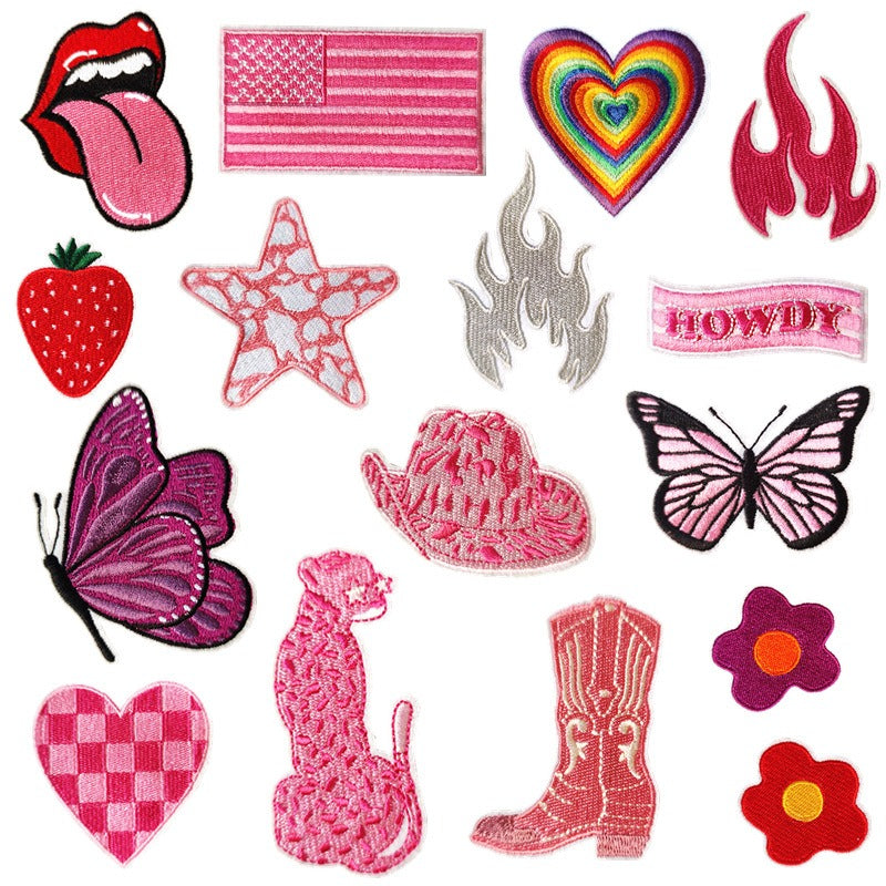 Pudding Case Pink Embroidered Patches American Vintage Style Pink - 16 Patches