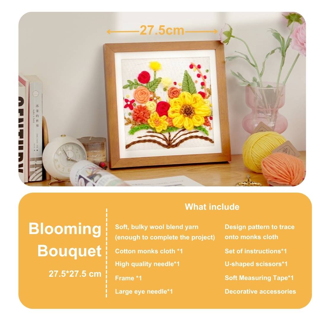 Beginner Punch Needle Embroidery Kit Blooming Bouquet -  Easy DIY Beginner - Include Tools