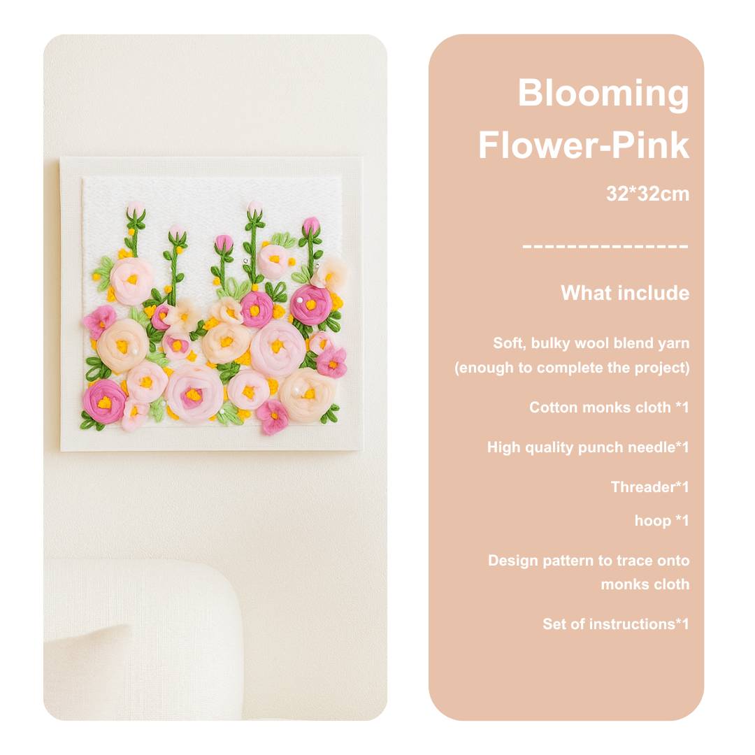 Floral embroidery kit with yarn and card detailing contents on a beige background