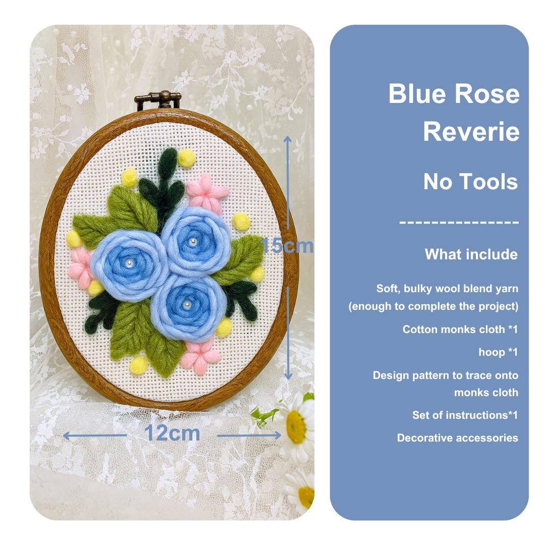 [New] Beginner Punch Needle Embroidery Kit - Easy DIY Summer Floral Collection No Tools Blue Rose Reverie
