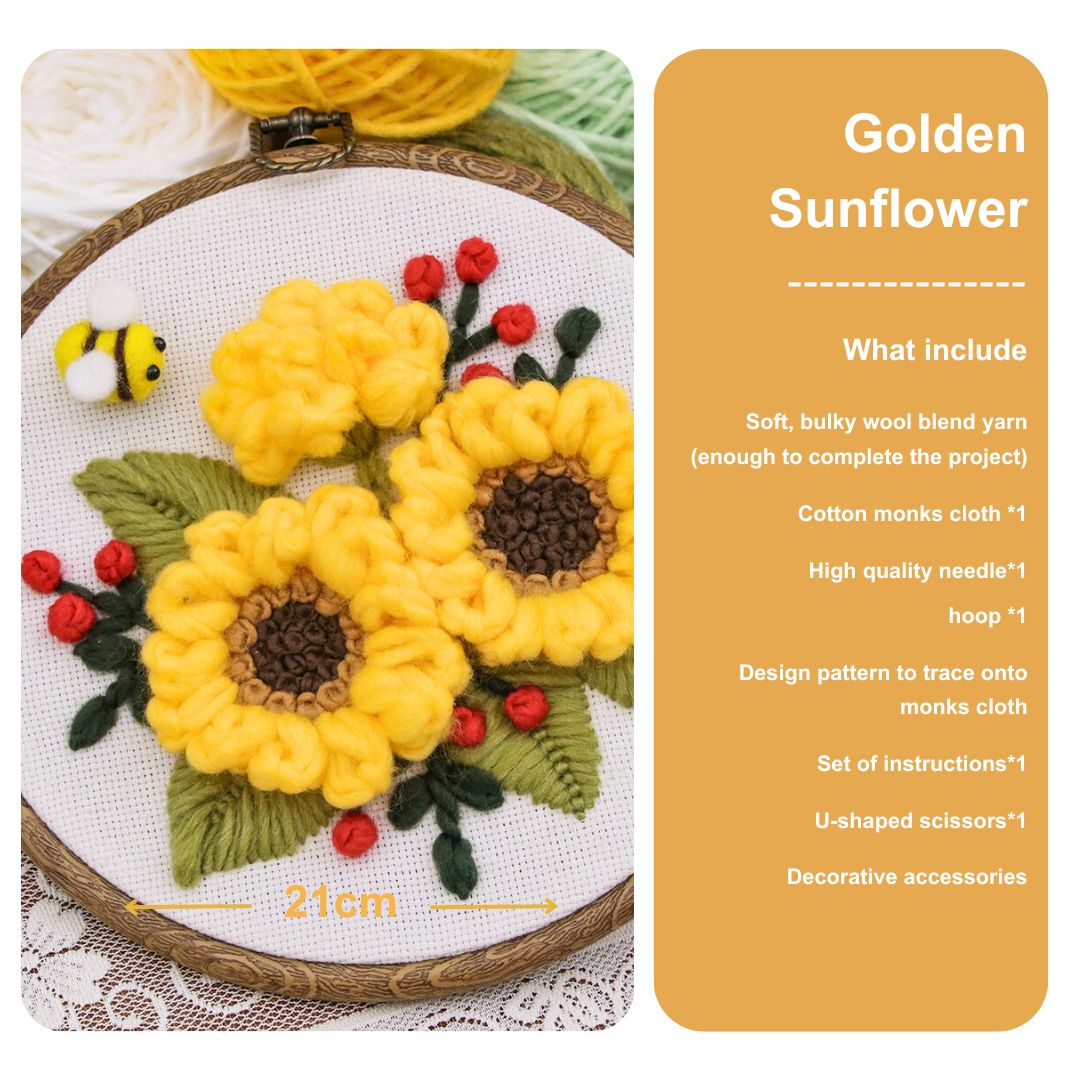 [New] Beginner Punch Needle Embroidery Kit - Easy DIY Summer Floral Collection Include Golden Sunflower