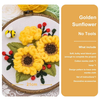 [New] Beginner Punch Needle Embroidery Kit - Easy DIY Summer Floral Collection No Tools Golden Sunflower