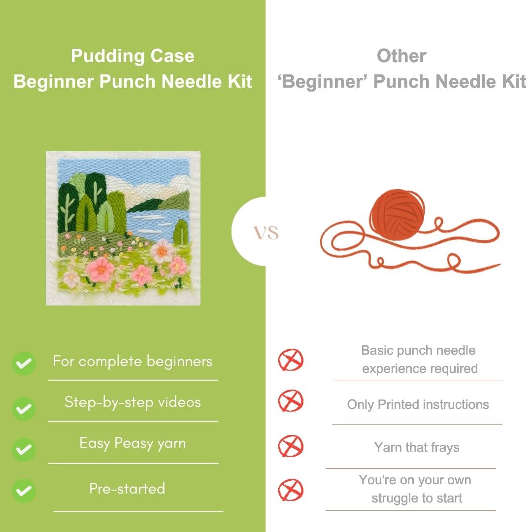 Comparison chart between a 'Pudding Case Beginner Punch Needle Kit' and an 'Other Beginner Punch Needle Kit'.