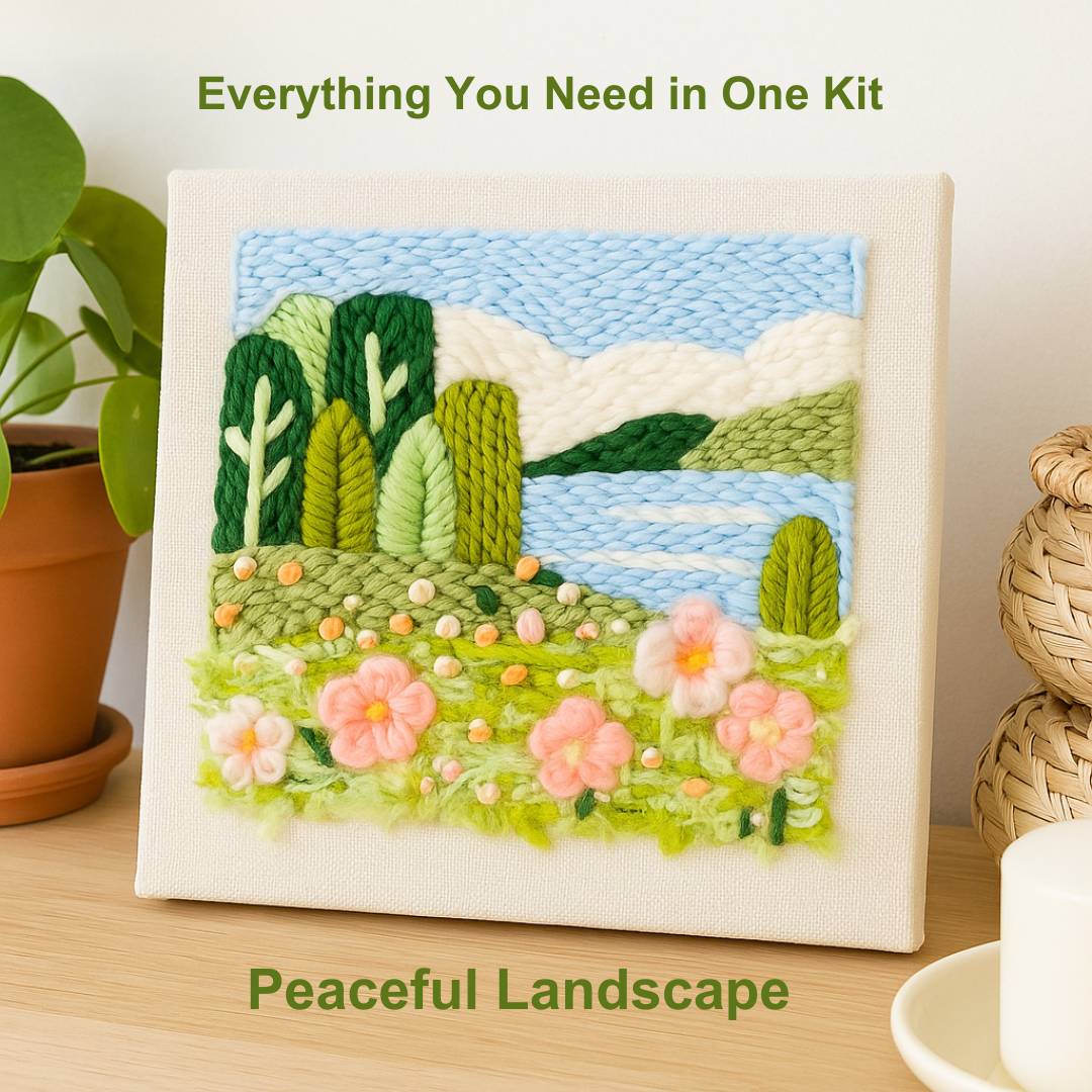 Punch needle embroidery kit with a completed peaceful landscape design on a wooden surface.