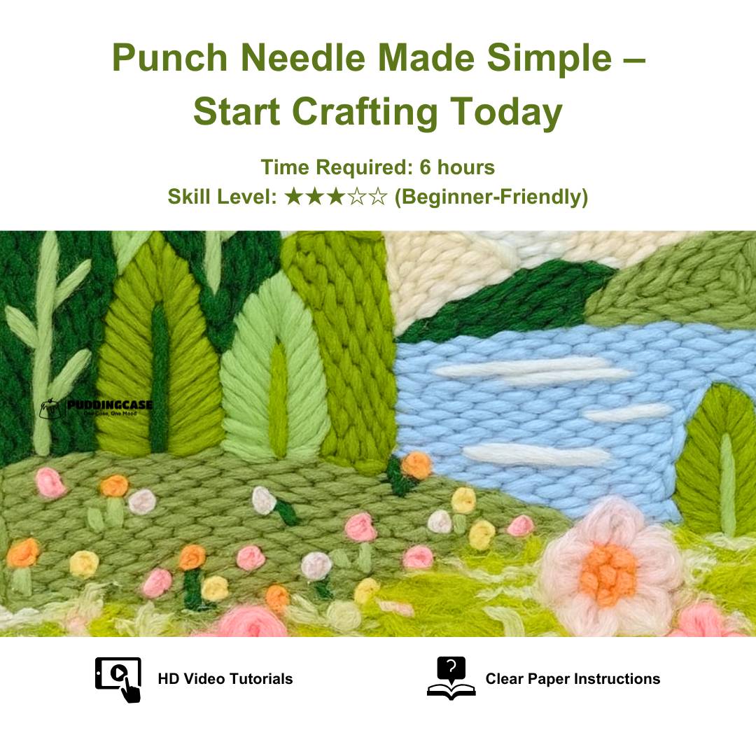 Punch needle craft kit cover with nature-themed design and text about time required, skill level, and included materials.