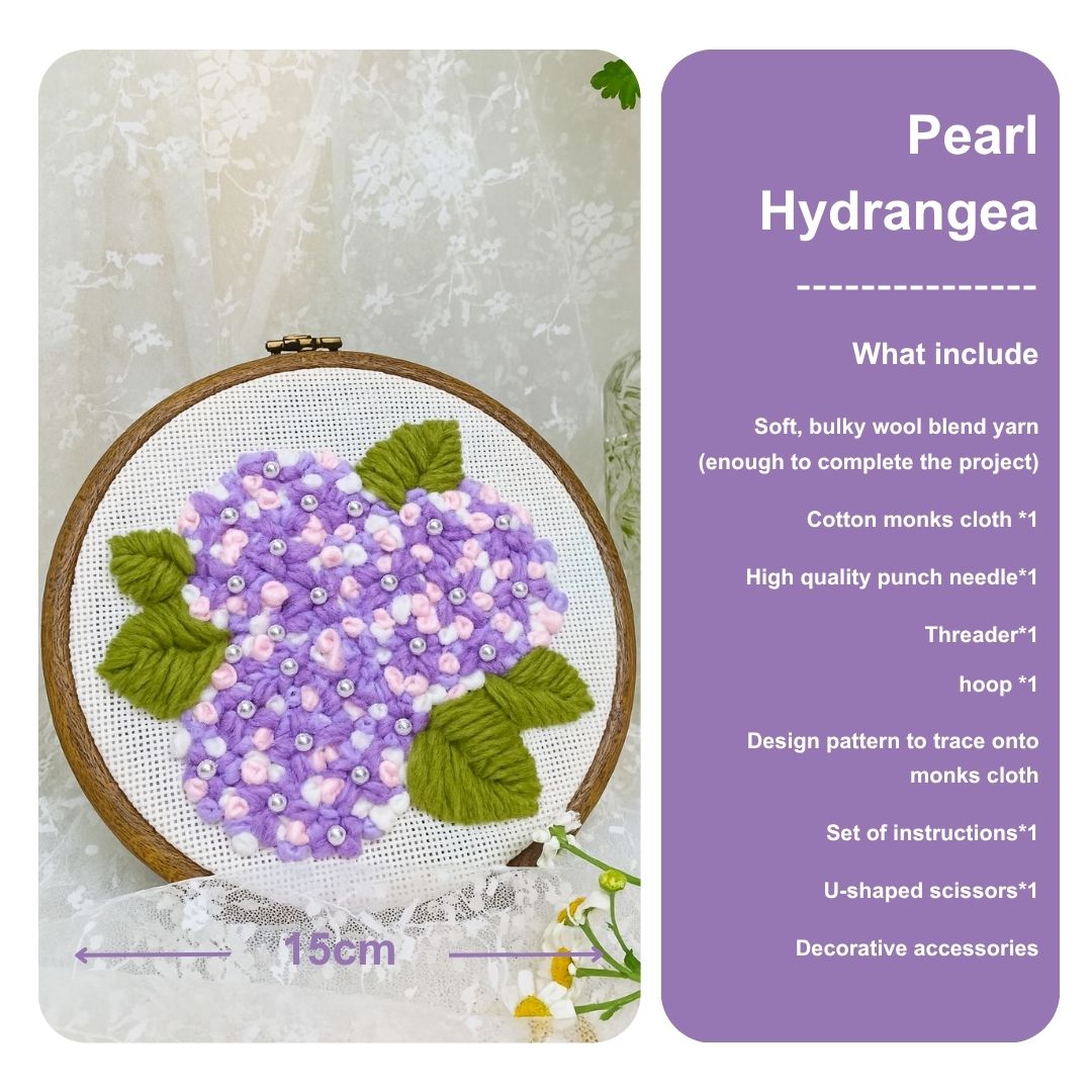 [New] Beginner Punch Needle Embroidery Kit - Easy DIY Summer Floral Collection Include Pearl Hydrangea
