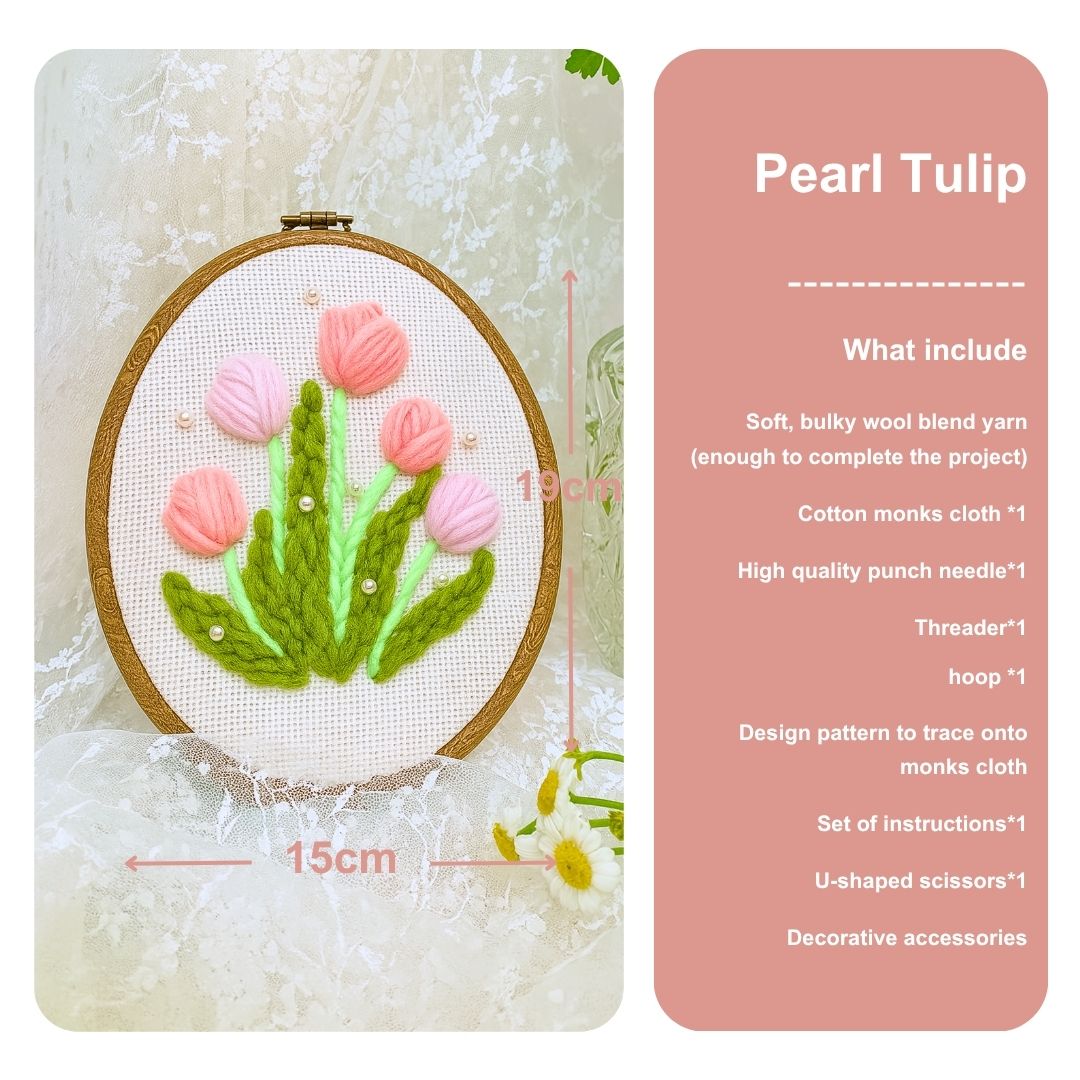 [New] Beginner Punch Needle Embroidery Kit - Easy DIY Summer Floral Collection Include Pearl Tulip