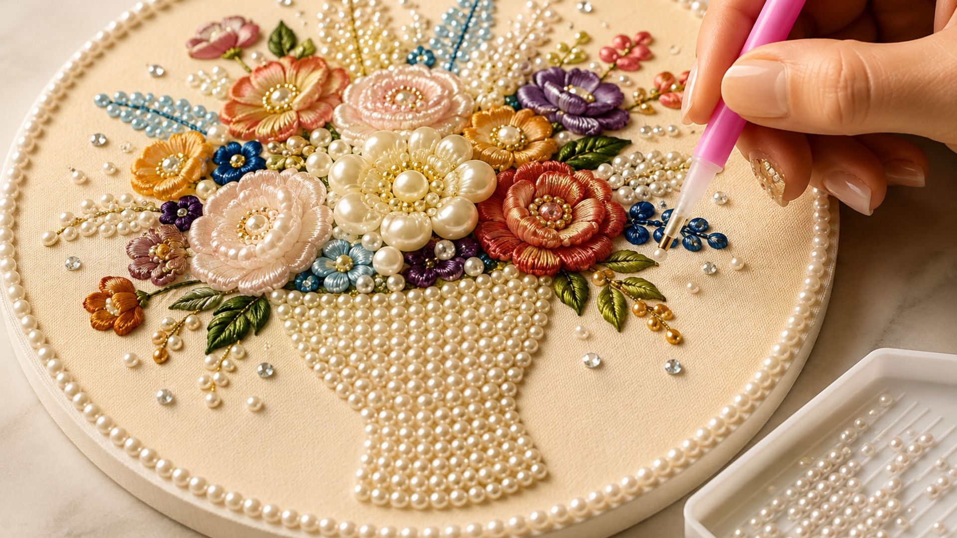 A close-up of a hand using a pink diamond painting needle to work on a circular floral design made of pearls, beads, and embroidered flowers on a light beige background.