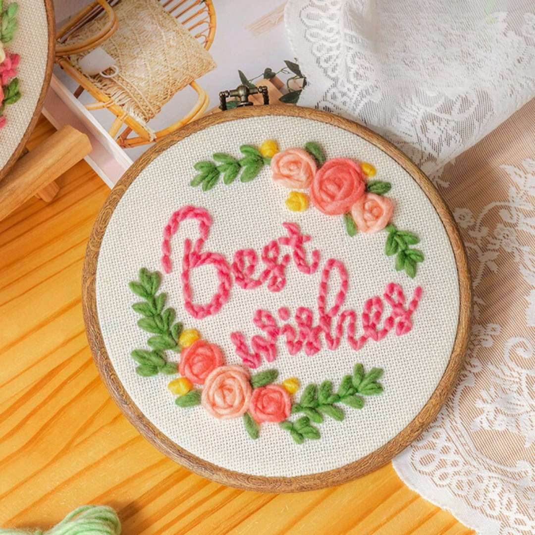 Best Wishes needle punch kit featuring a 25cm floral embroidery design with roses and greenery, perfect for DIY crafting beginners