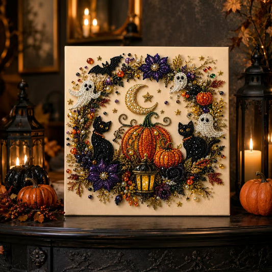 Black Cat & Pumpkin pearl painting displayed as sparkling seasonal home décor