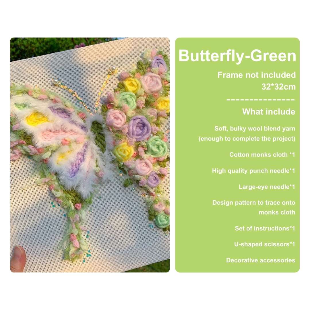  Puddingcase punch needle kit featuring a green-themed butterfly with vibrant floral accents, perfect for DIY embroidery projects and creative crafting.