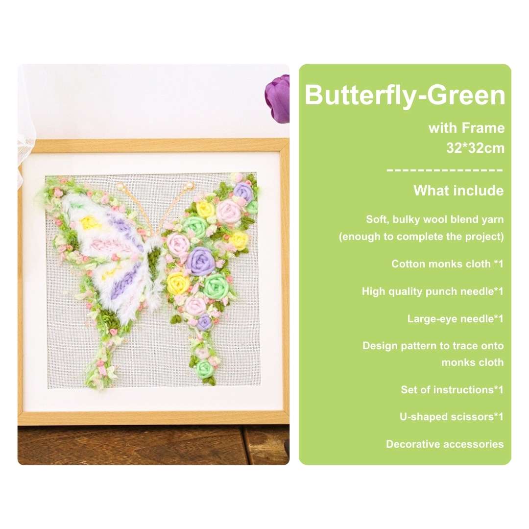 Puddingcase punch needle kit featuring a green butterfly with pastel floral accents, complete with frame, ideal for DIY embroidery and home decor.