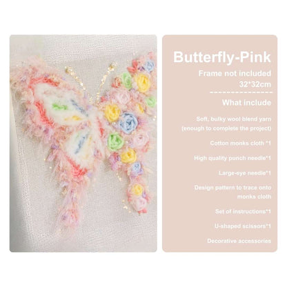Puddingcase punch needle kit featuring a pink-themed butterfly with vibrant pastel floral accents, ideal for DIY embroidery and home decor projects.
