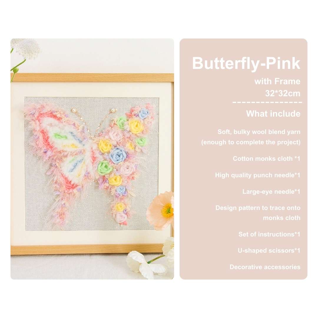 Puddingcase punch needle kit featuring a pink butterfly with vibrant pastel floral accents, includes a frame, perfect for DIY embroidery and home decor.