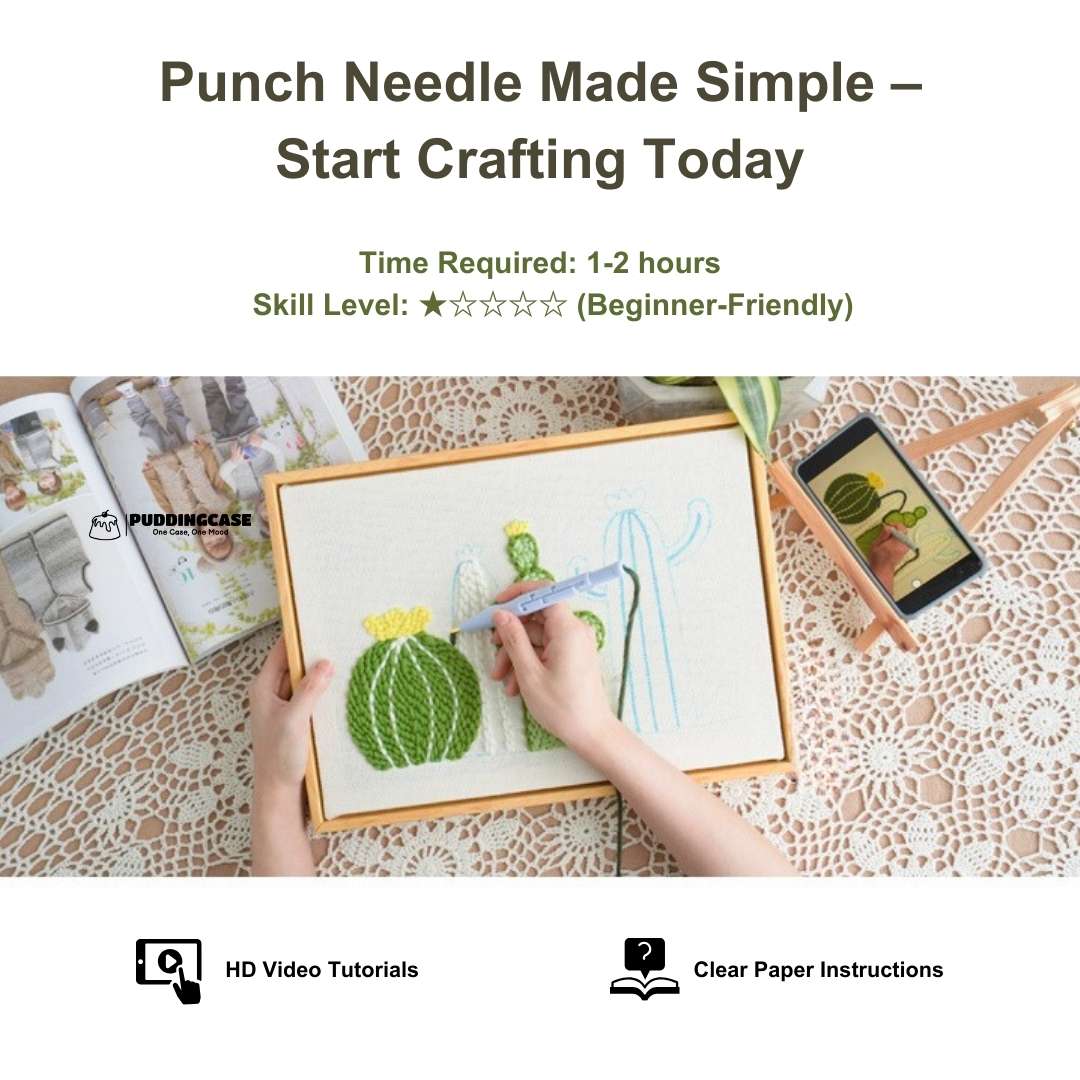 Beginner-friendly Puddingcase cactus punch needle kit with 1-2 hour completion time, featuring HD video tutorials and clear paper instructions for easy crafting.