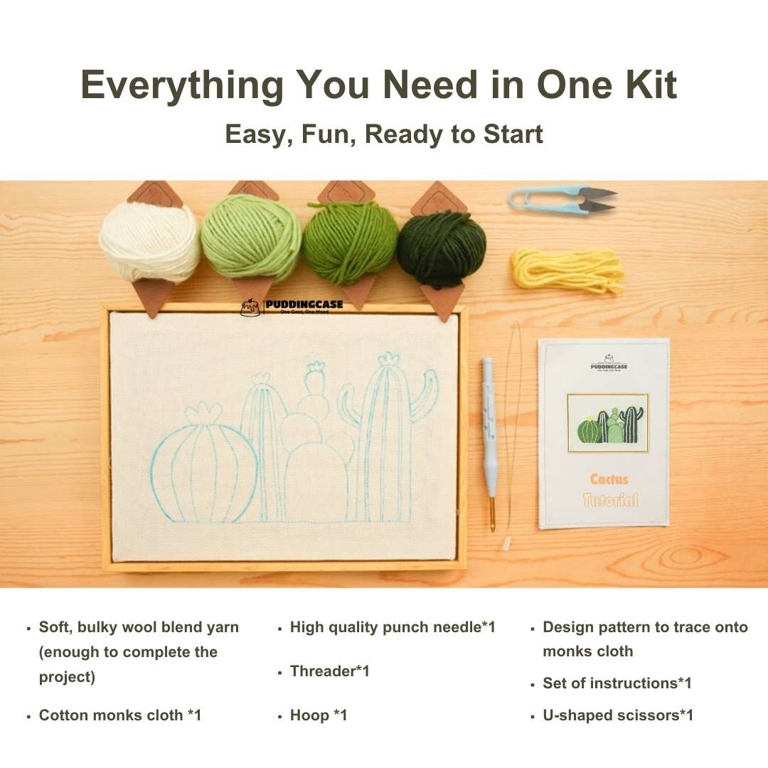 Puddingcase punch needle kit contents, including pre-drawn monks cloth, colorful yarn, hoop, punch needle, threader, scissors, and a cactus tutorial, ideal for DIY embroidery projects.