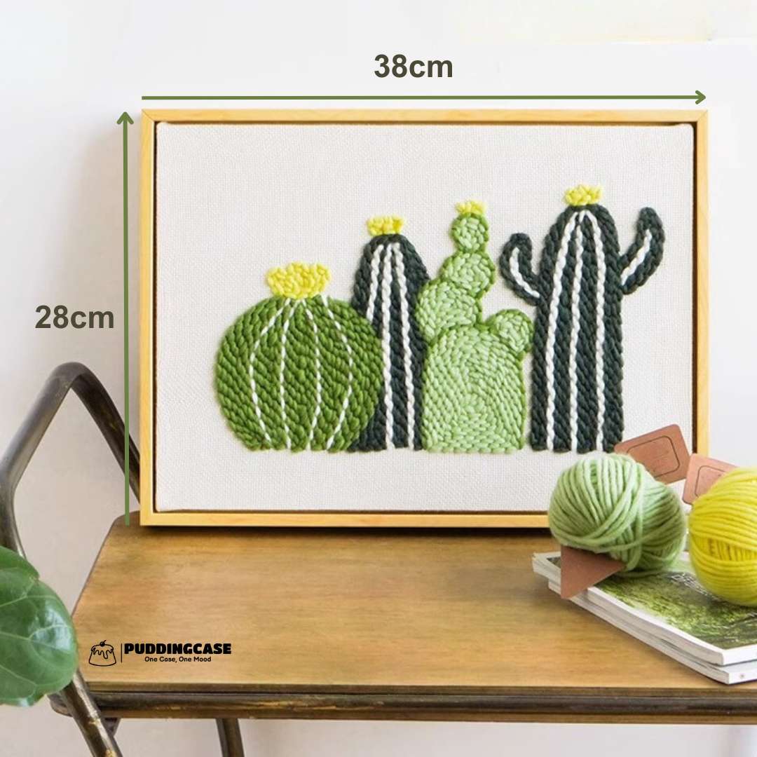 Puddingcase punch needle kit featuring a framed cactus design with dimensions of 38cm by 28cm, ideal for DIY embroidery and stylish home decor projects.