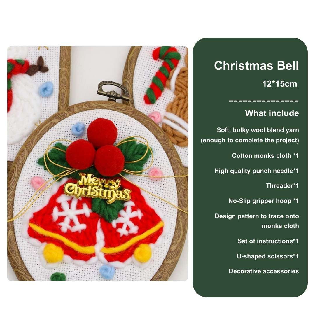 Christmas bell punch needle kit with golden accents, vibrant red bows, and festive decorations, ideal for DIY embroidery projects