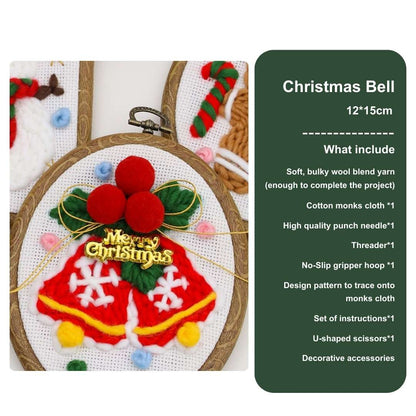 Christmas bell punch needle kit with golden accents, vibrant red bows, and festive decorations, ideal for DIY embroidery projects
