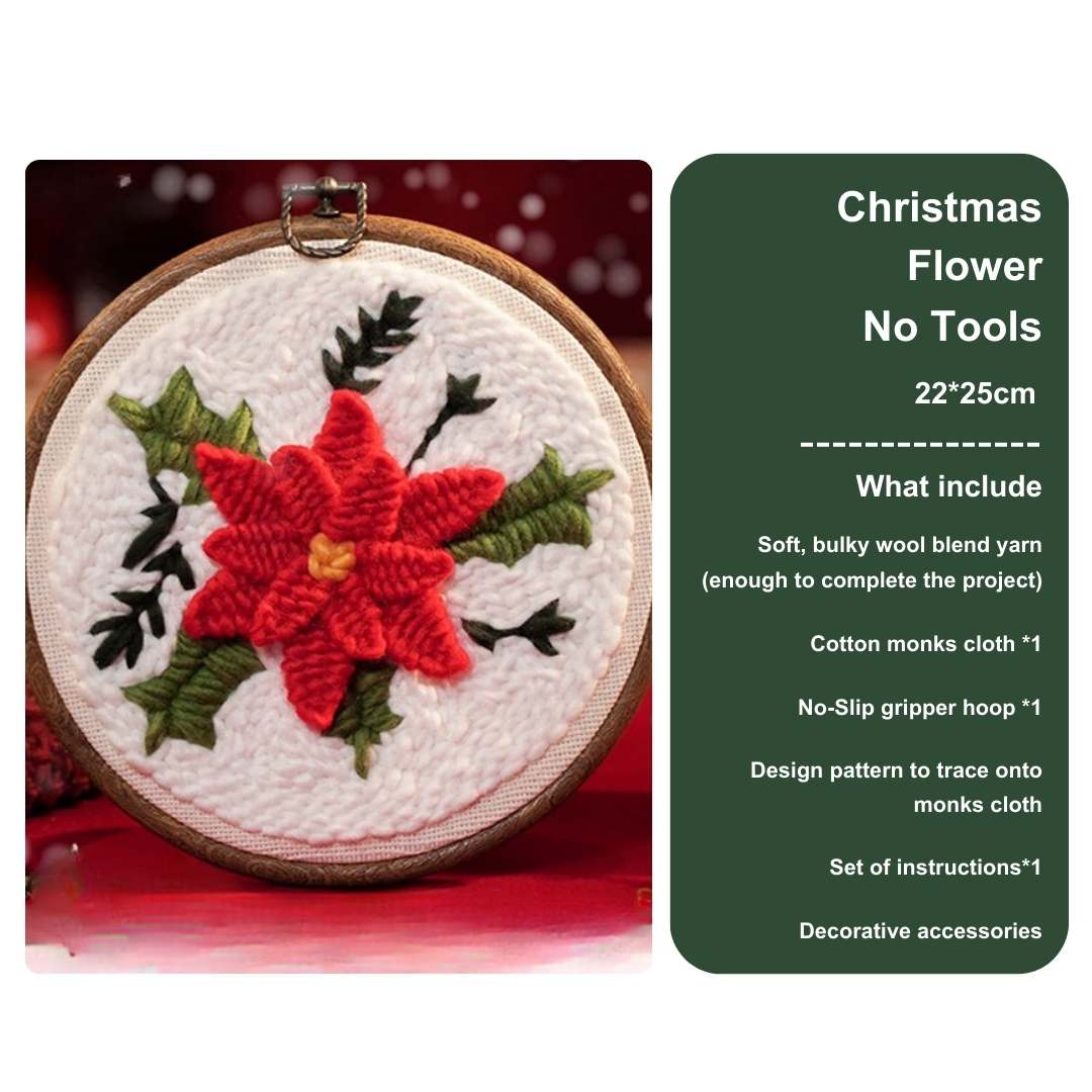 Front view of a Christmas flower punch needle kit without tools, featuring a red poinsettia design