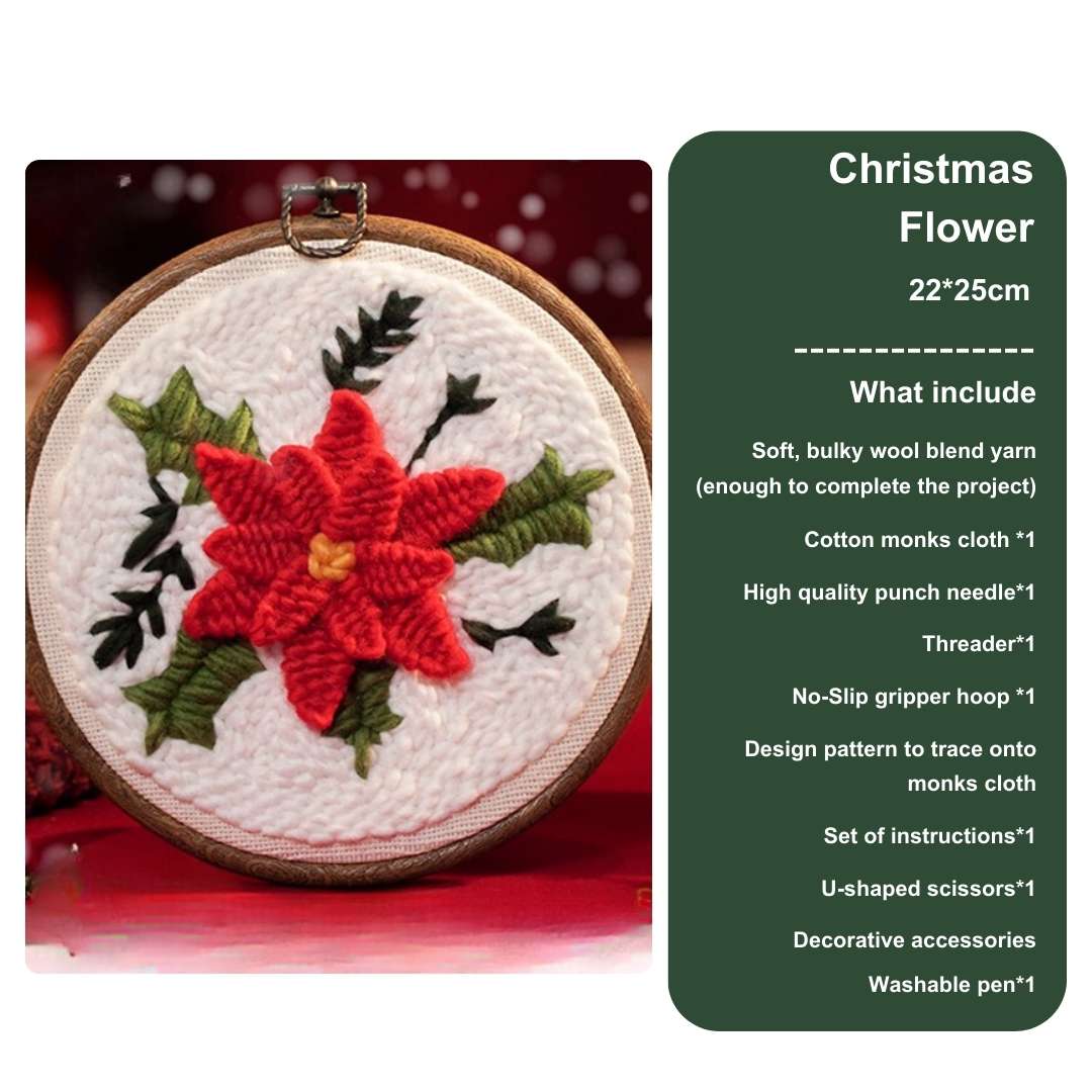 Christmas flower punch needle kit featuring a vibrant red poinsettia and green leaves, perfect for holiday-themed DIY embroidery