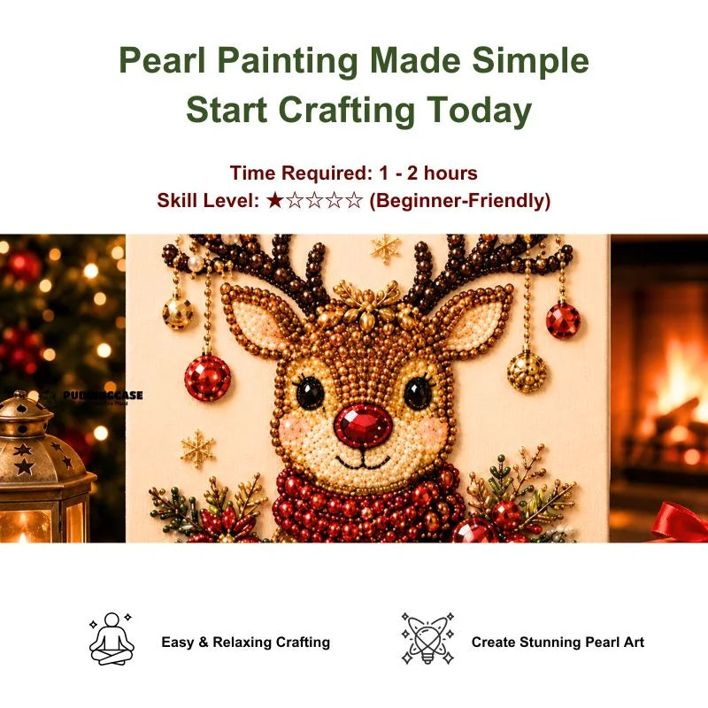 Close-up of Christmas Reindeer pearl painting with beginner-friendly 1 to 2 hour project details