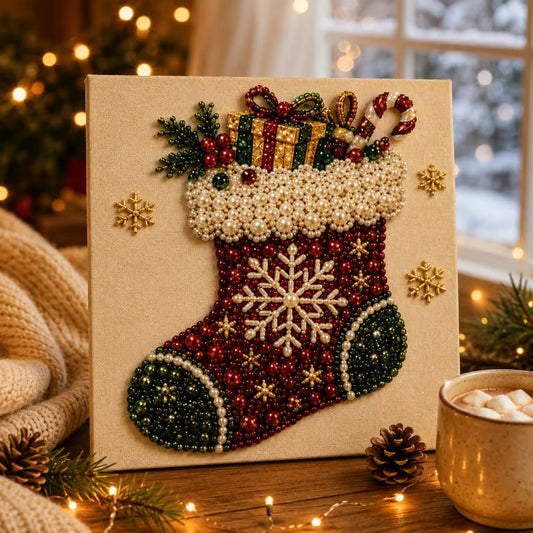 Christmas Stocking pearl painting displayed as sparkling seasonal home décor