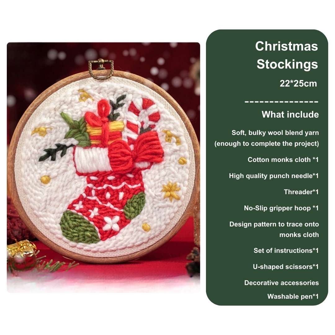 Christmas stocking punch needle kit with vibrant red patterns, green accents, and gift details, perfect for DIY holiday crafts