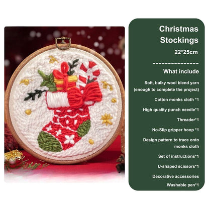 Christmas stocking punch needle kit with vibrant red patterns, green accents, and gift details, perfect for DIY holiday crafts