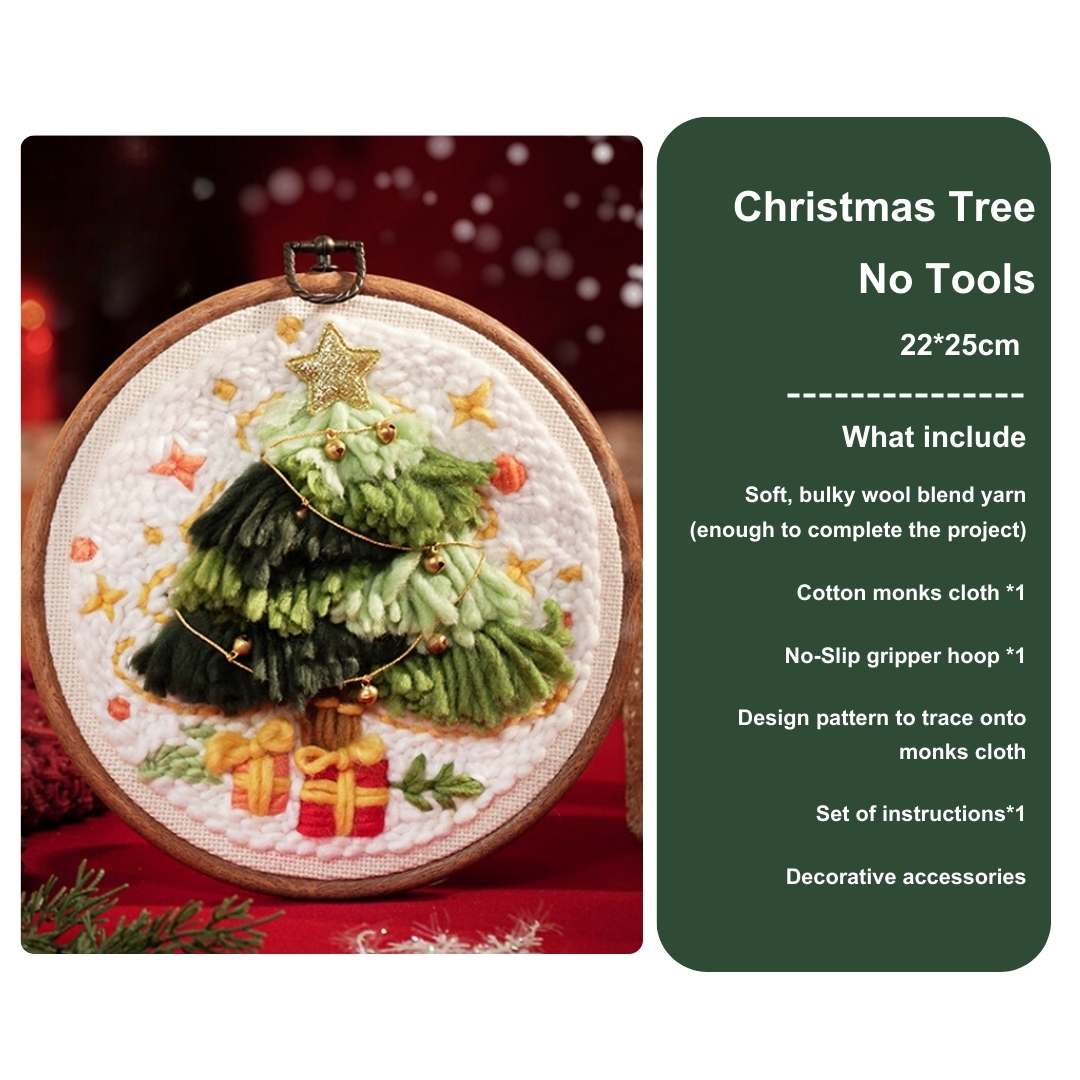 Front view of a Christmas tree punch needle kit without tools, featuring a layered green tree and golden star