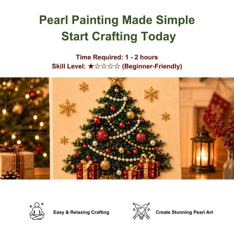 Close-up of Christmas Tree pearl painting with beginner-friendly 1 to 2 hour project details