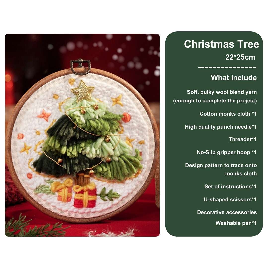 Christmas tree punch needle kit featuring a layered green tree, golden star topper, and gift boxes, ideal for festive DIY crafts