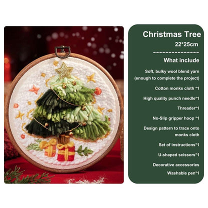 Christmas tree punch needle kit featuring a layered green tree, golden star topper, and gift boxes, ideal for festive DIY crafts