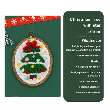 Christmas tree punch needle kit with a golden star, red bow, and colorful ornaments, perfect for DIY holiday embroidery