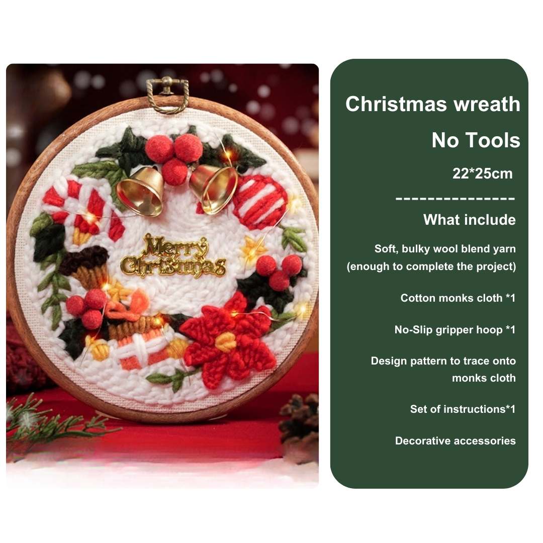 Front view of a Christmas wreath punch needle kit without tools, showcasing vibrant red flowers and golden bells