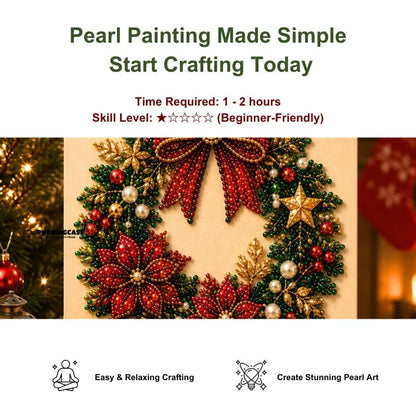 Close-up of Christmas Wreath pearl painting with beginner-friendly 1 to 2 hour project details