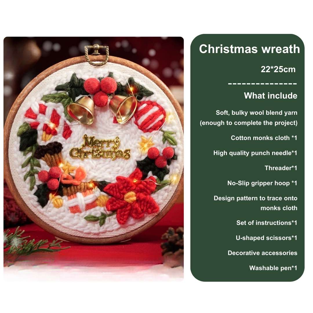 Christmas wreath punch needle kit with vibrant red flowers, candy canes, and golden bells, perfect for festive DIY embroidery projects