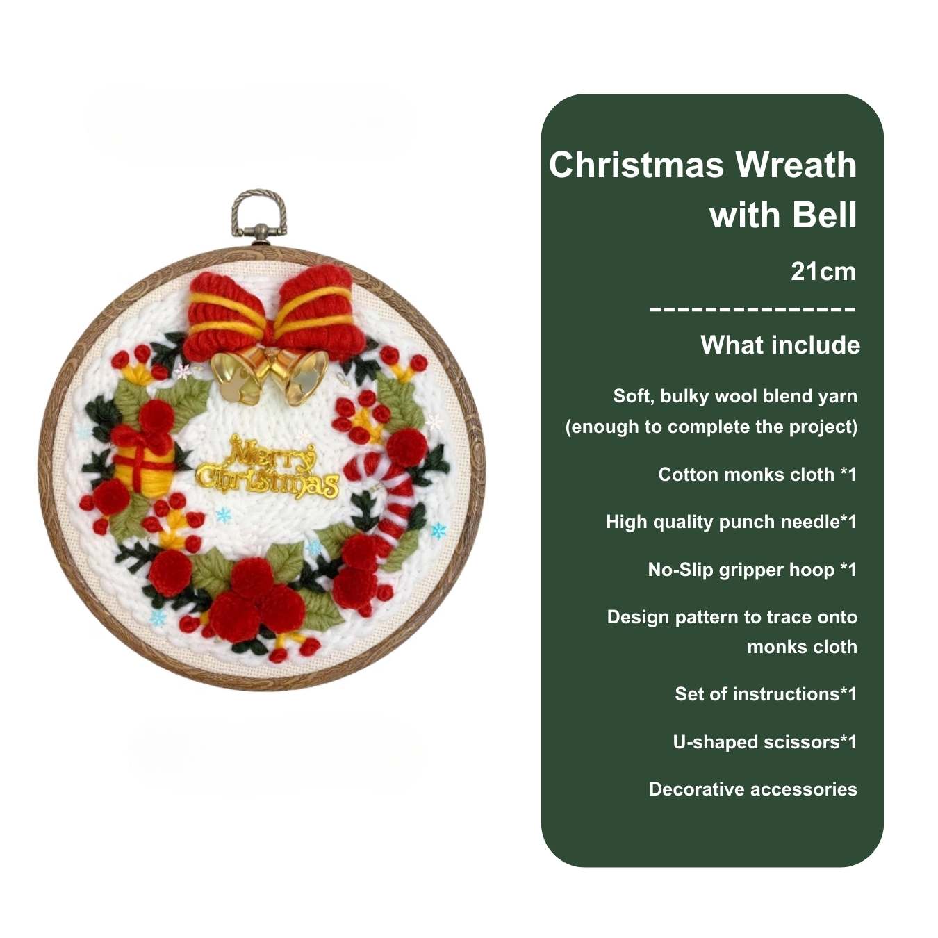 Complete set of Christmas wreath punch needle kit with bell, including all tools and decorative materials