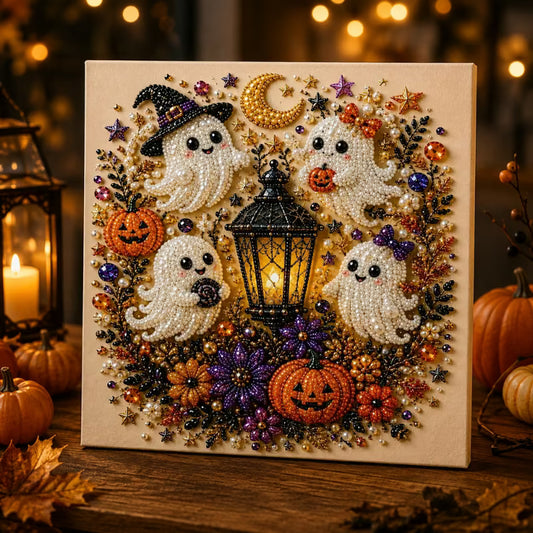 Cute Ghost Lantern pearl painting displayed as sparkling seasonal home décor