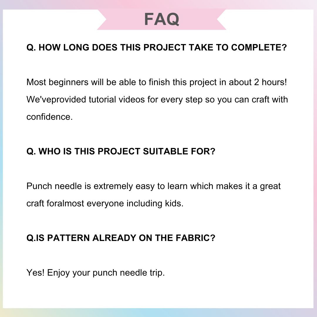 FAQ section for Puddingcase punch needle kit, answering questions about completion time, project suitability, and pre-drawn fabric patterns for easy crafting.