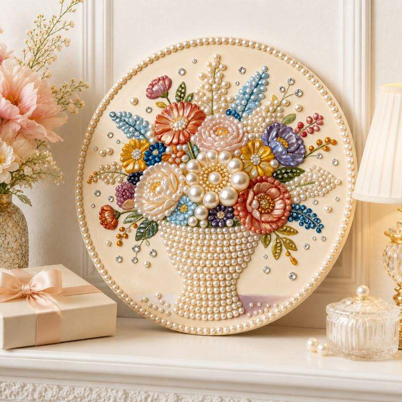 Close-up of round flower basket pearl painting with multicolor blooms and pearl details