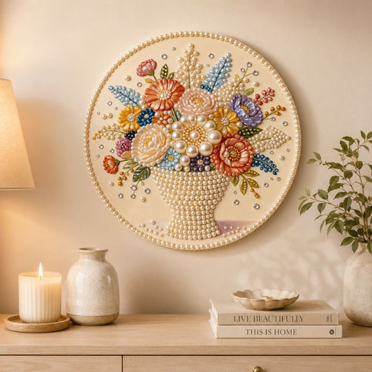 Round flower basket pearl painting displayed as colorful floral home décor