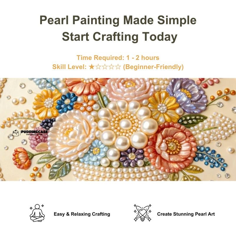 Close-up of flower basket pearl art showing beginner-friendly 1 to 2 hour project information
