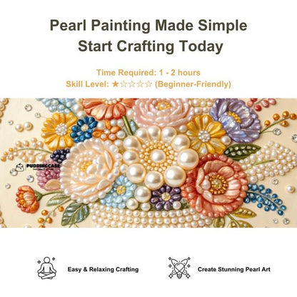 Close-up of flower basket pearl art showing beginner-friendly 1 to 2 hour project information