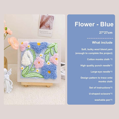 Puddingcase Flower-Blue Punch Needle Kit, 27x27cm embroidery design with tools and materials included for beginners