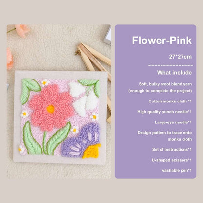 Puddingcase Flower-Pink Punch Needle Kit, 27x27cm embroidery design with yarn, hoop, and detailed instructions for DIY crafts