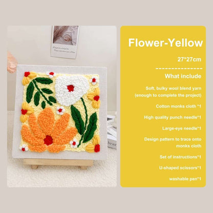 Puddingcase Flower-Yellow Punch Needle Kit, beginner-friendly DIY craft kit with 27x27cm floral embroidery design